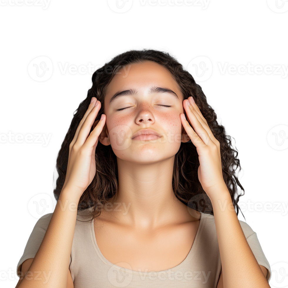 Young woman practicing relaxation technique with eyes closed, focusing on mindfulness and calmness, isolated on transparent background png