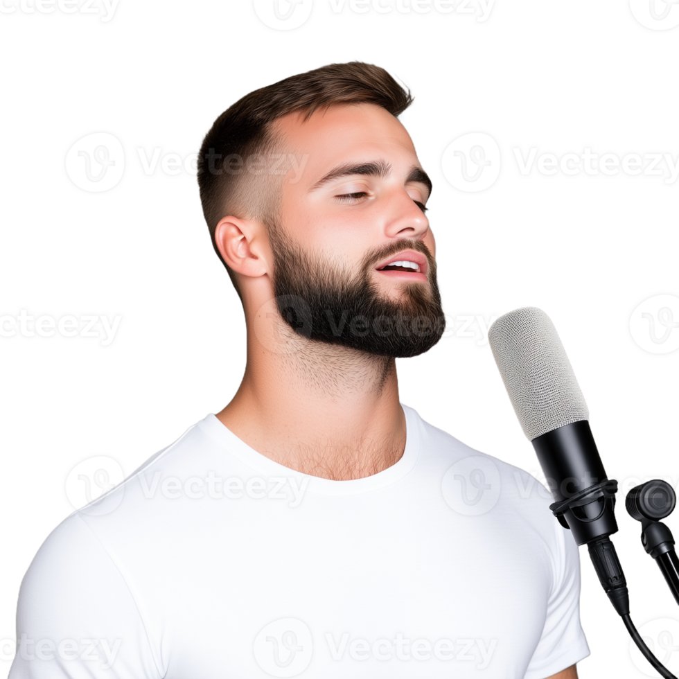 Young man singing into microphone on transparent background, expressing emotions and passion in music performance png