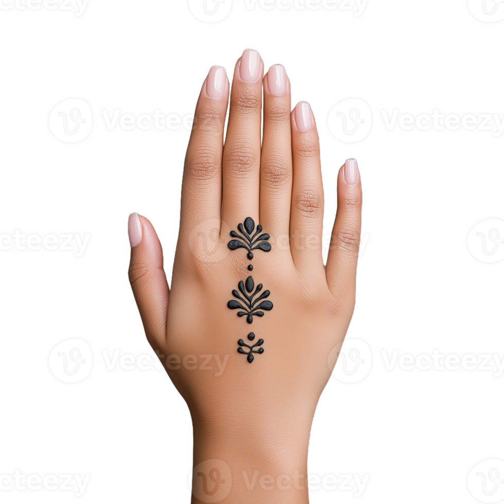 Elegant hand with intricate henna design on fingertips and back against a transparent background, showcasing artistry and cultural beauty png