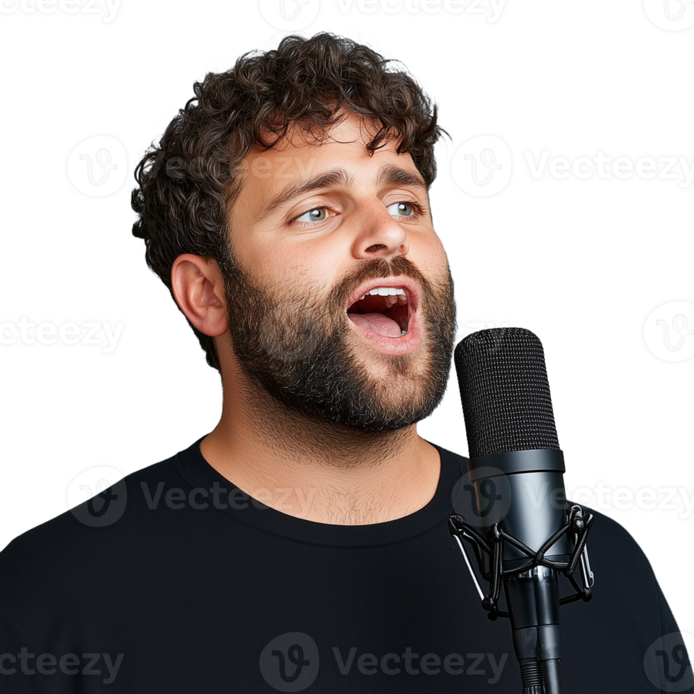 Portrait of a male singer passionately performing into a studio microphone against transparent background png