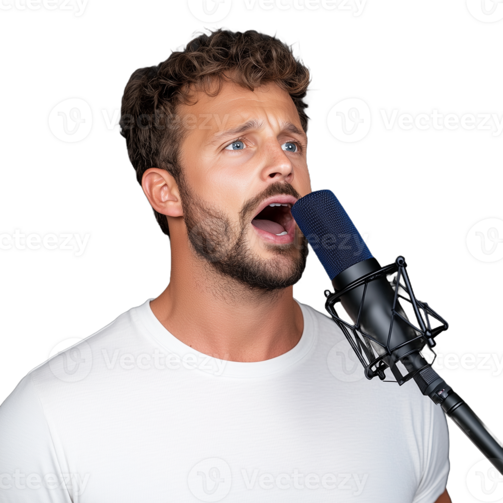 Man singing into a microphone with expressive emotion on a transparent background, showcasing vocal talent and performance skills png