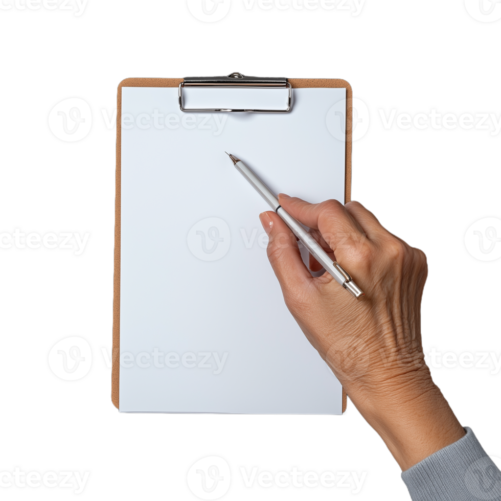 Hand holding a pen ready to write on a blank clipboard with transparent background, symbolizing creativity and planning. Perfect for illustrating productivity, note-taking, and business concepts in isolated settings. png
