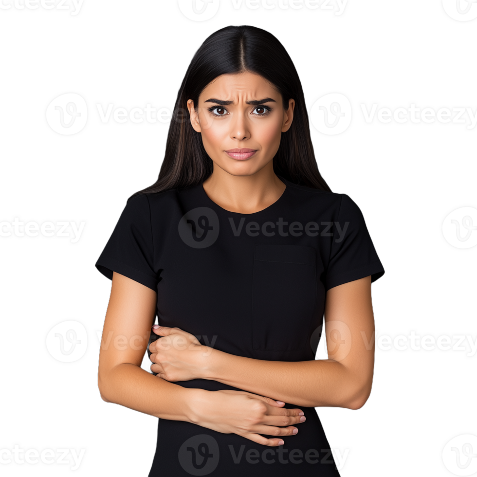 Worried woman in black shirt holding her stomach with arms crossed on a transparent background png