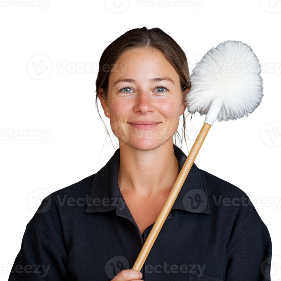 Smiling woman holding fluffy duster with confidence and pride, ready for cleaning task on a transparent background png