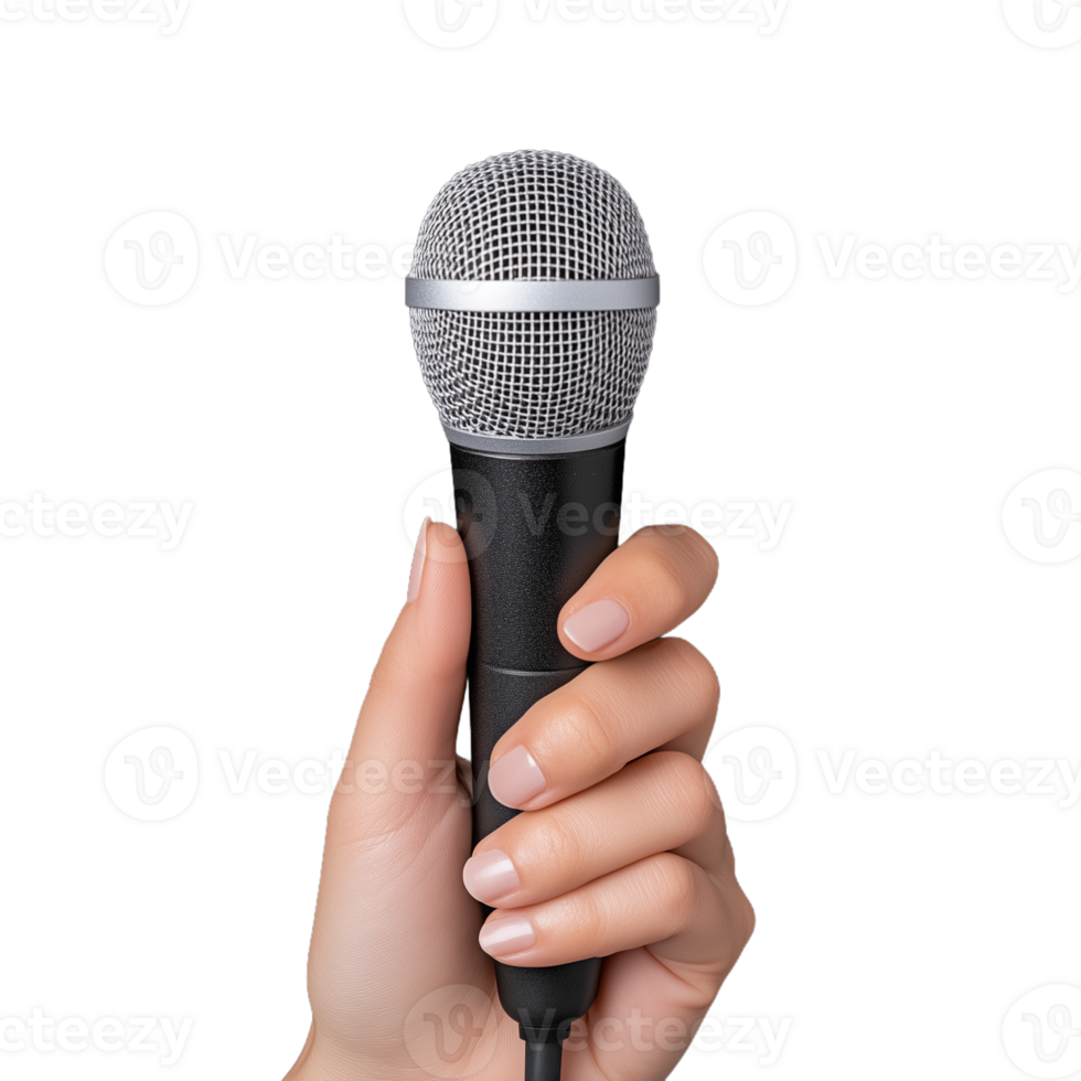 Hand holding a classic microphone, symbolizing communication and presentation on a transparent background png