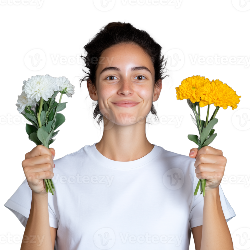 Smiling woman holding vibrant yellow and white flowers on transparent background, conveying joy and positivity png