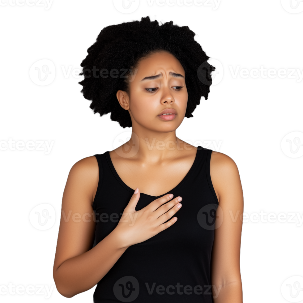 Woman expressing concern and emotion with hand on chest against transparent background png