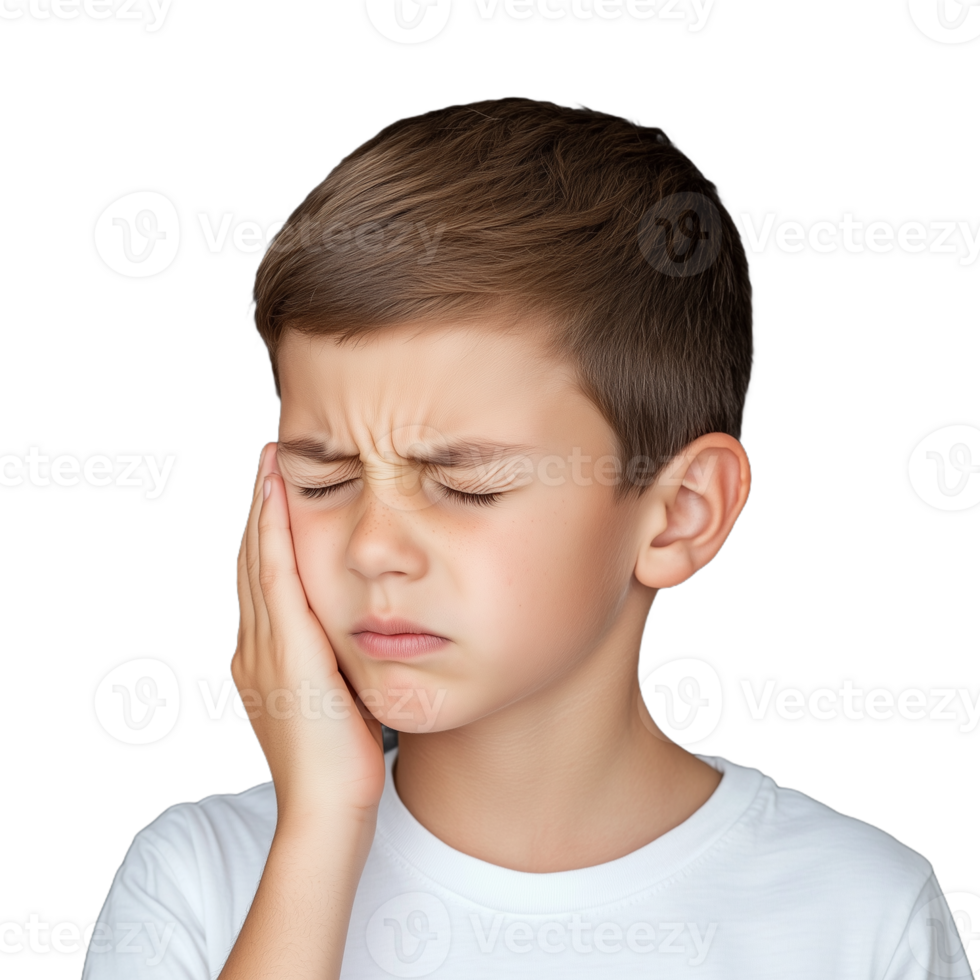 Young boy with brown hair in discomfort holding his cheek, wearing a white shirt against a transparent background, portraying the concept of dental pain or toothache, with visible facial expression. png