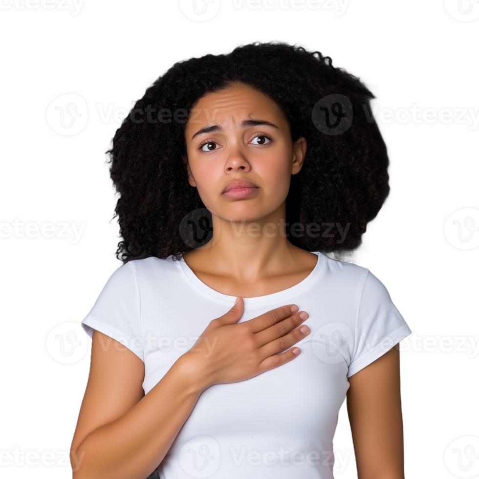 Portrait of a thoughtful young woman with hand on chest expressing contemplation and emotion, wearing a white shirt on a transparent background png