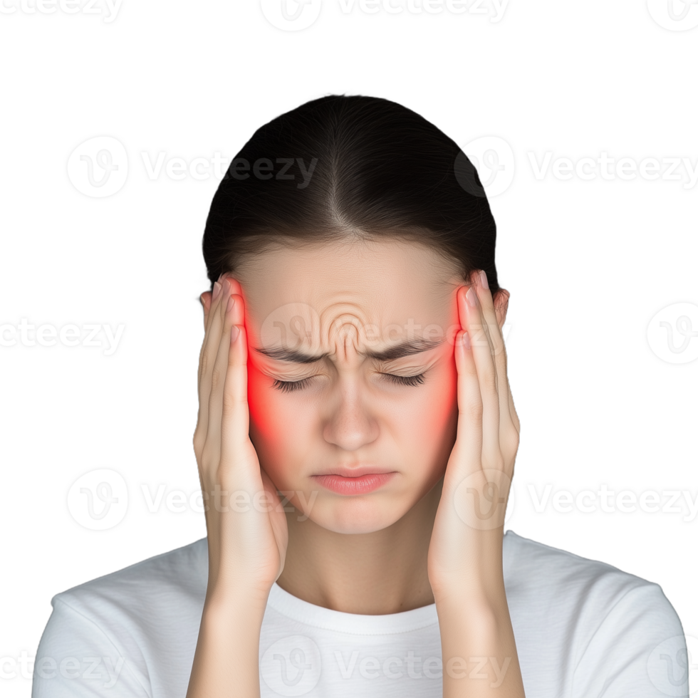 Woman experiencing headache holding temples with visible stress expression and red glowing pain areas png