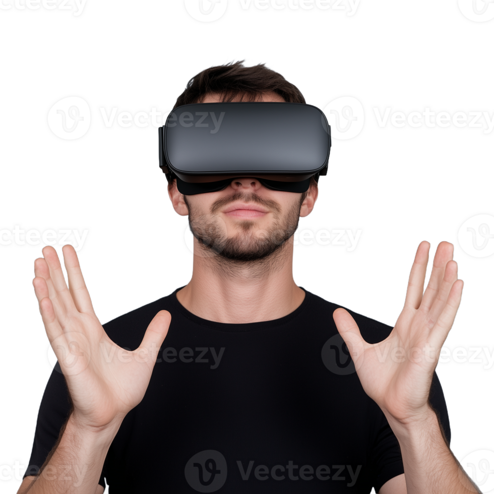 Man experiencing virtual reality with headset and hands raised, isolated on transparent background png
