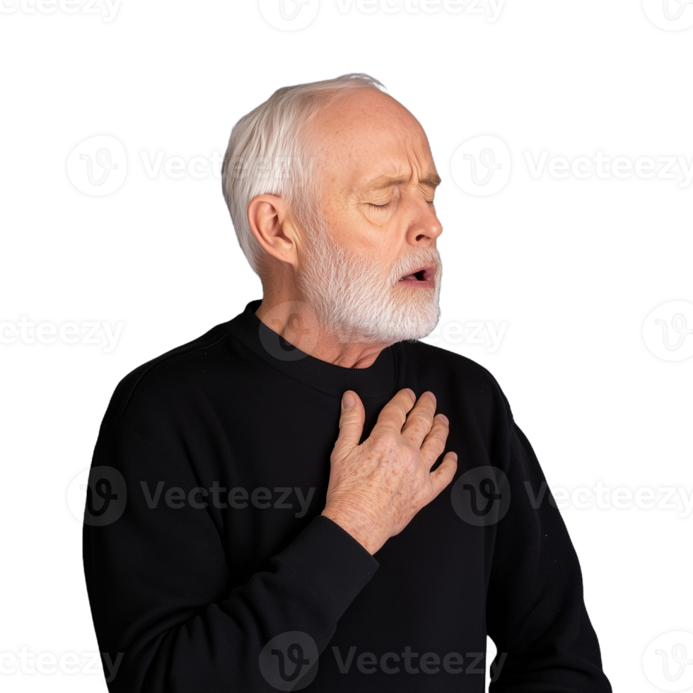 Elderly man experiencing chest discomfort, expressing concern and distress, with hand over his heart. The image captures the concept of health issues, stress, and vulnerability in a senior individual. png
