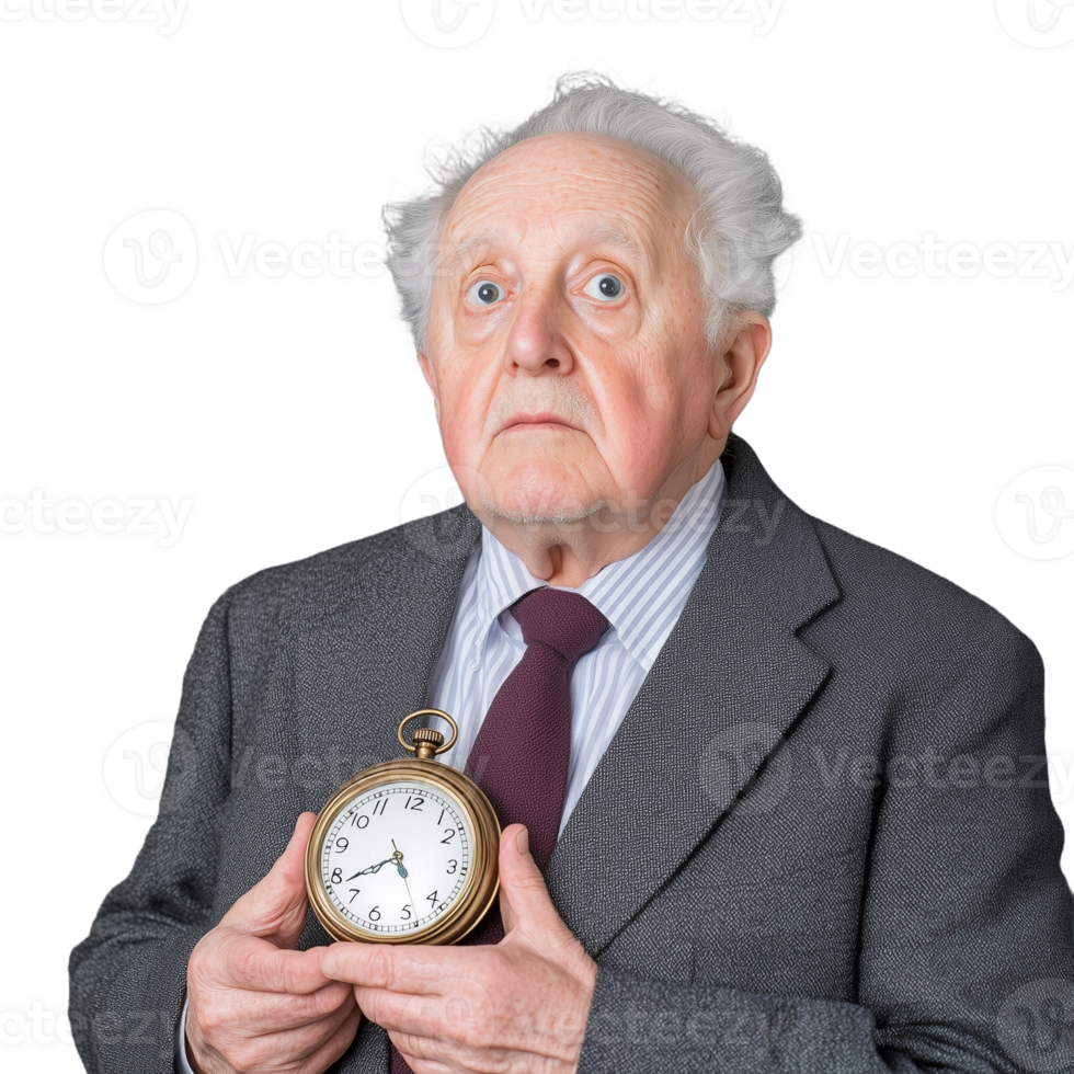 Elderly man in suit holding vintage pocket watch symbolizing time, nostalgia, and wisdom on transparent background png