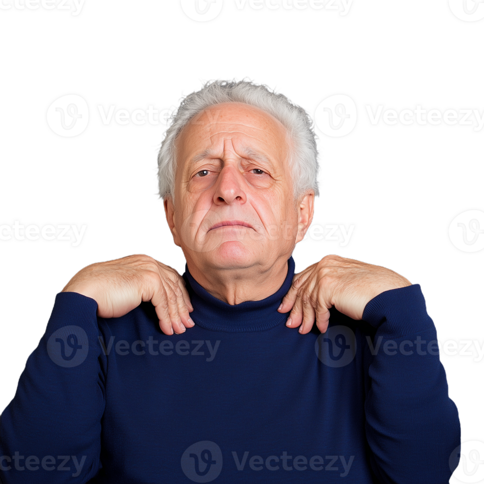 Confident senior man with raised shoulders wearing a blue sweater on a transparent background conveys determination and self-assuredness. png