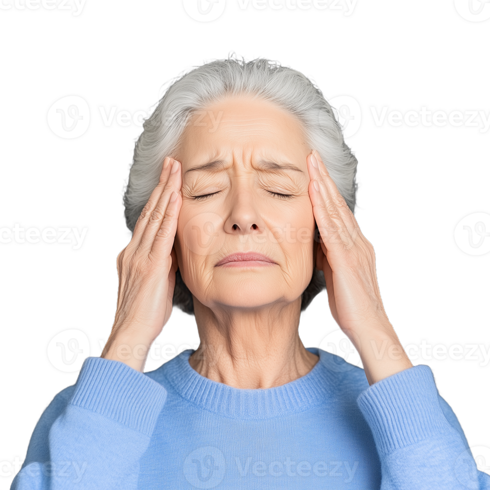 Elderly woman experiencing headache while massaging temples with closed eyes and wearing a light blue sweater on a transparent background png