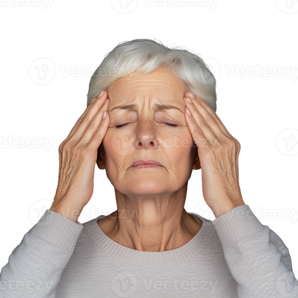 Senior woman experiencing a severe headache, expressing pain with eyes closed and hands on temples on a transparent background png