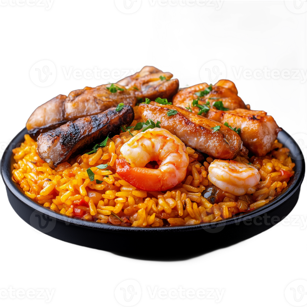 Delicious mixed paella with seafood and meat on a black plate png