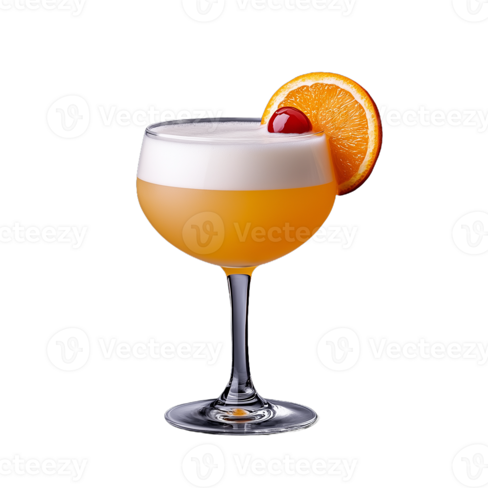 Refreshing cocktail with orange slice and cherry on top png