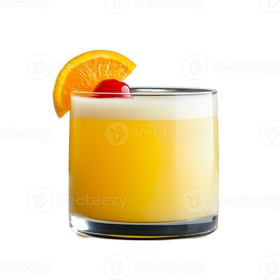 Refreshing orange cocktail with cherry and foam on glass rim png