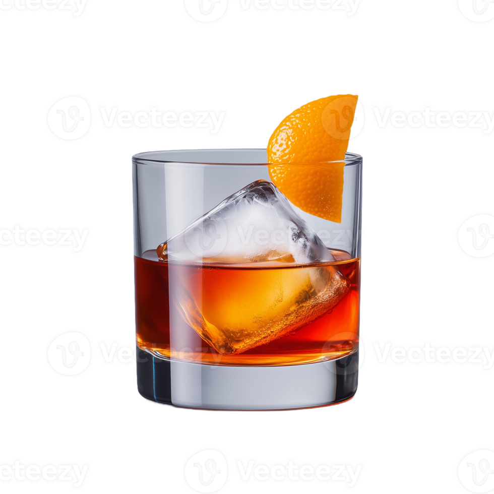 Refreshing cocktail with ice and orange garnish on transparent background png