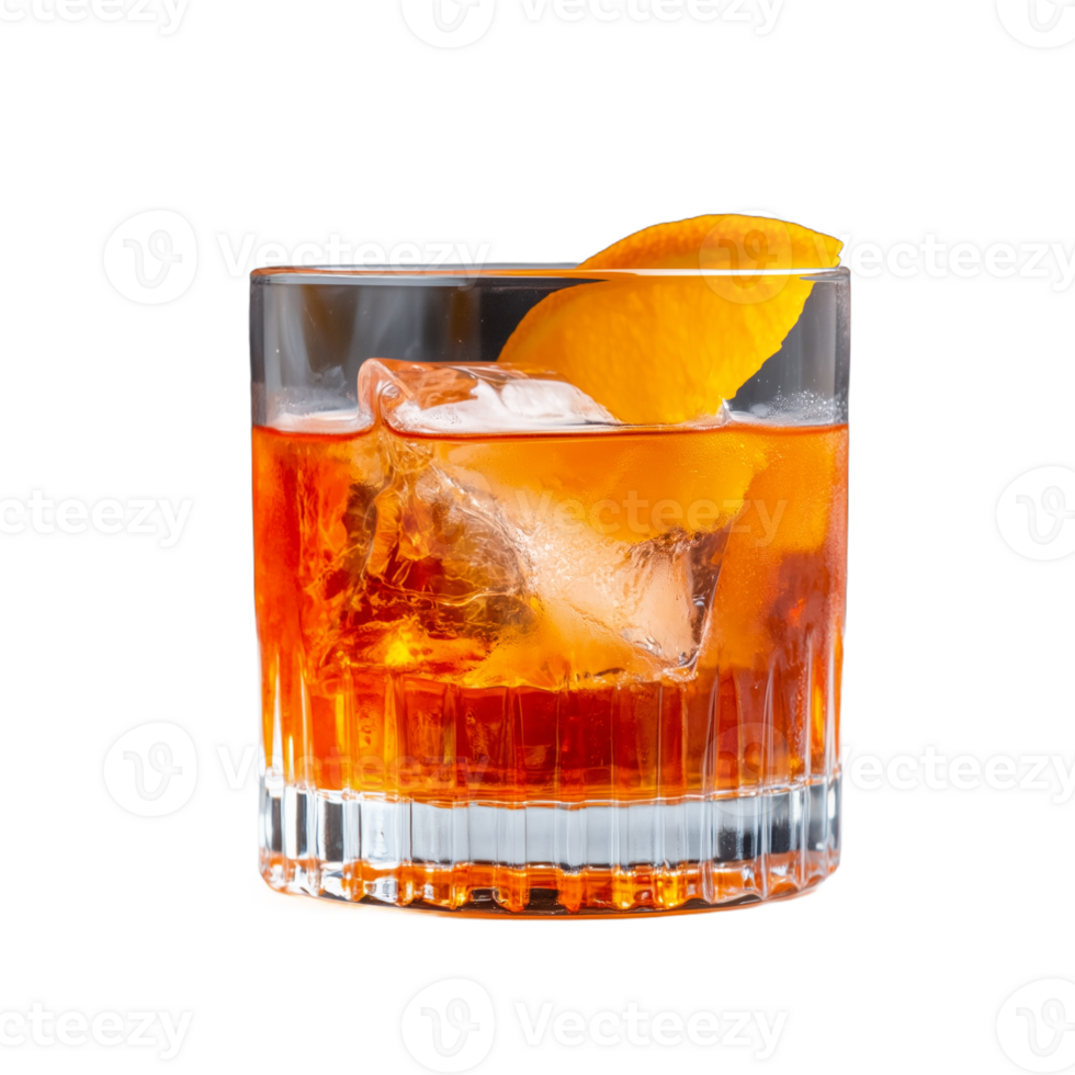 Classic cocktail with orange peel and ice on transparent background png