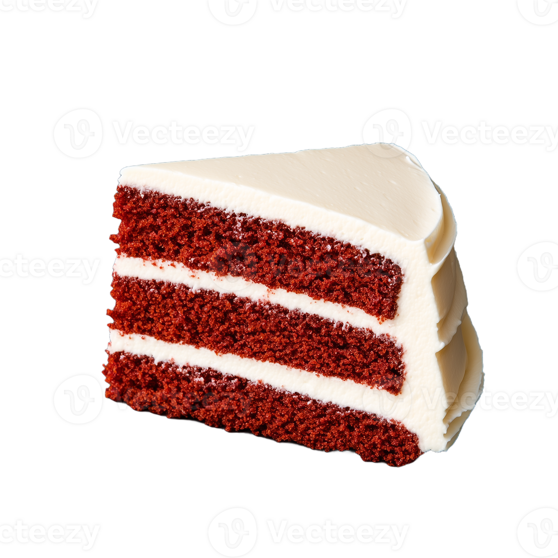 Red velvet cake slice with creamy frosting on transparent background