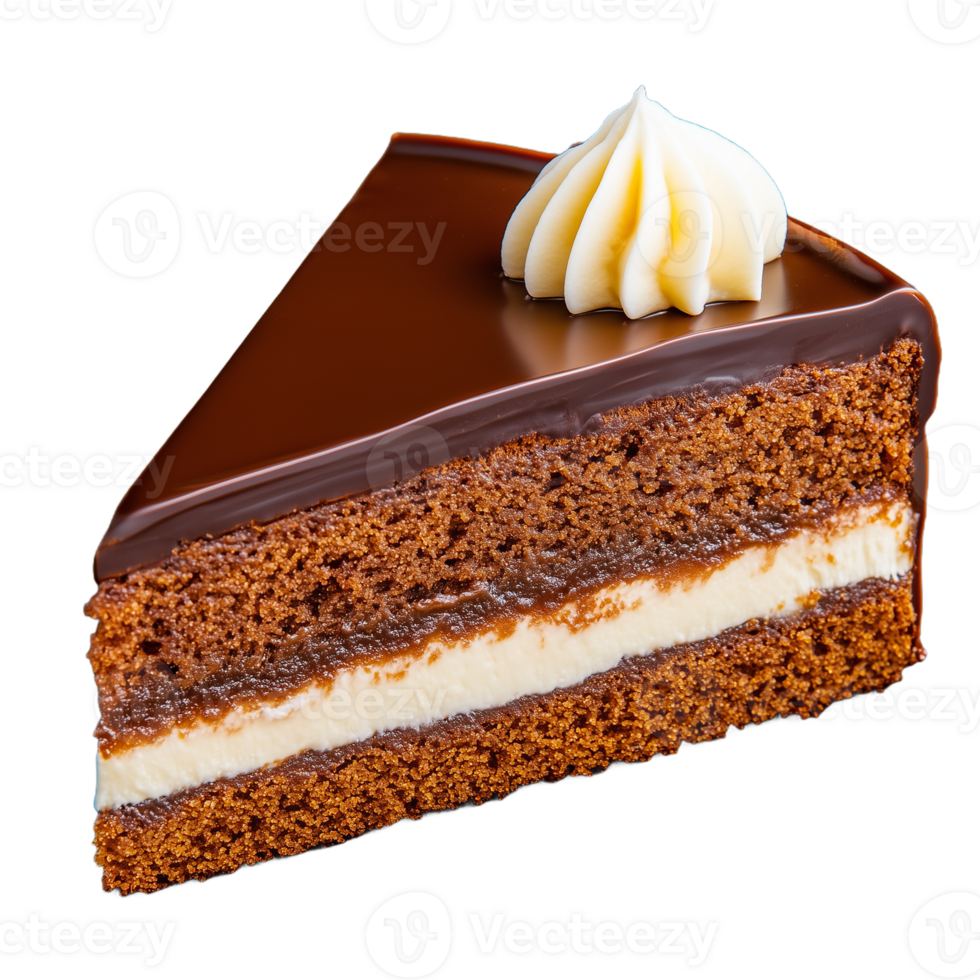 Delicious chocolate cake slice with rich frosting and cream decoration png