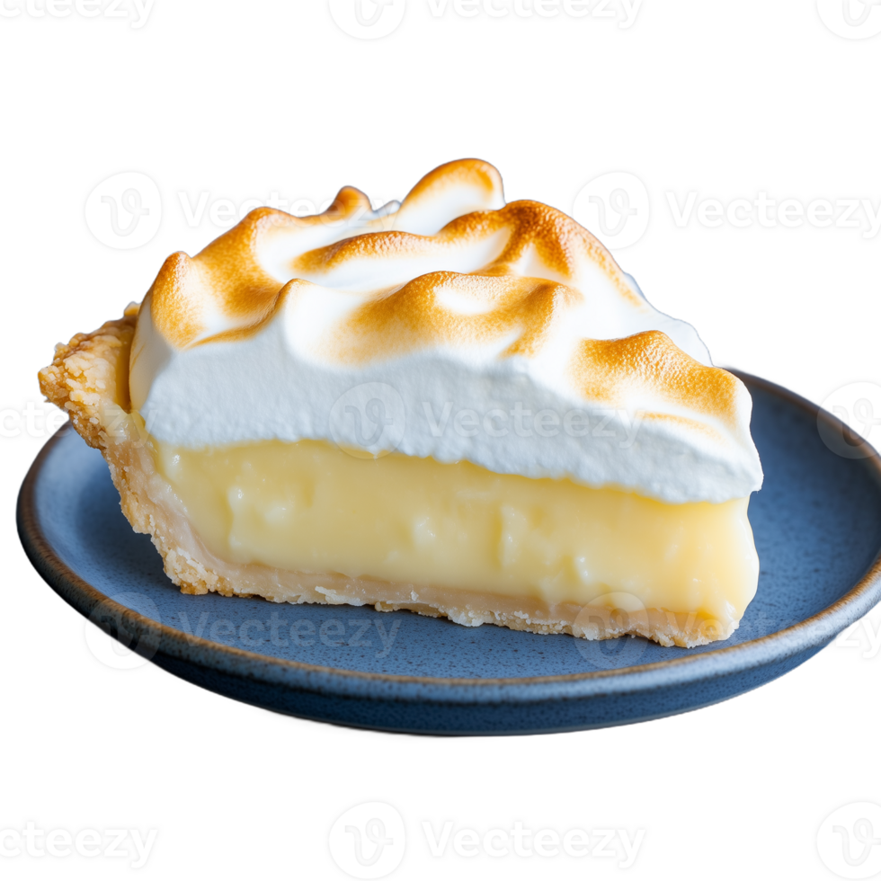 Delicious slice of lemon meringue pie with toasted topping png