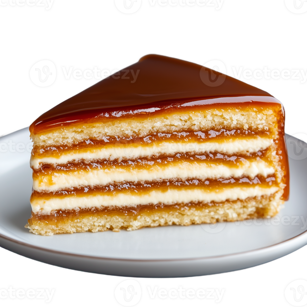 Delicious caramel layer cake slice on a ceramic plate png