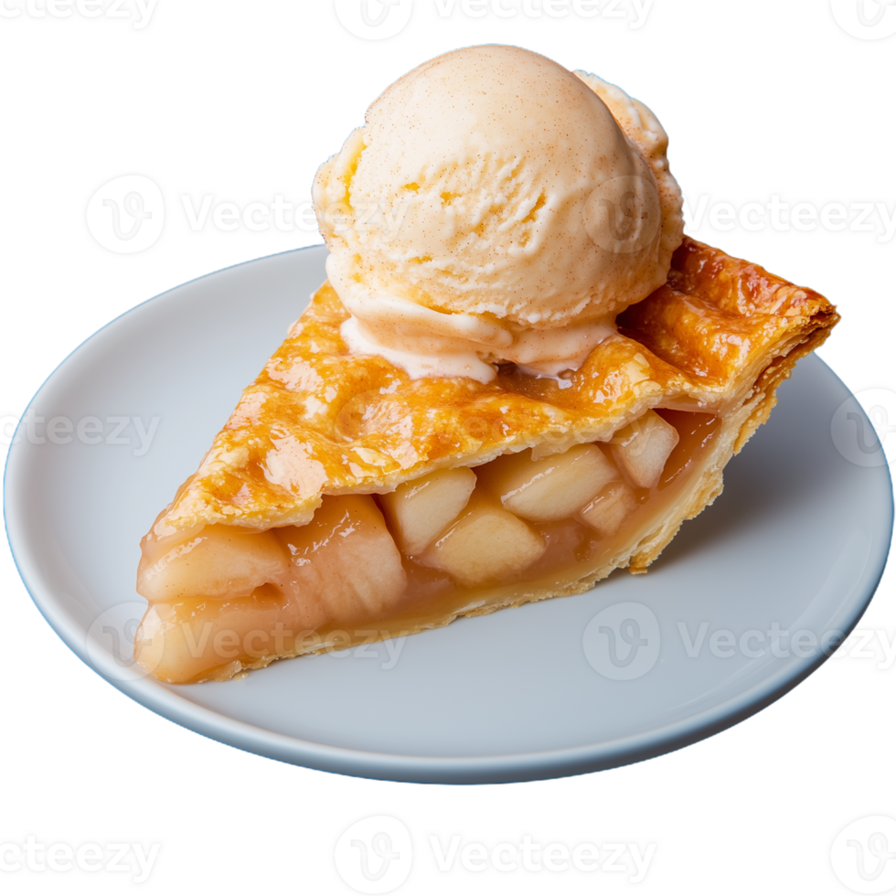 Delicious slice of apple pie with ice cream on a plate png