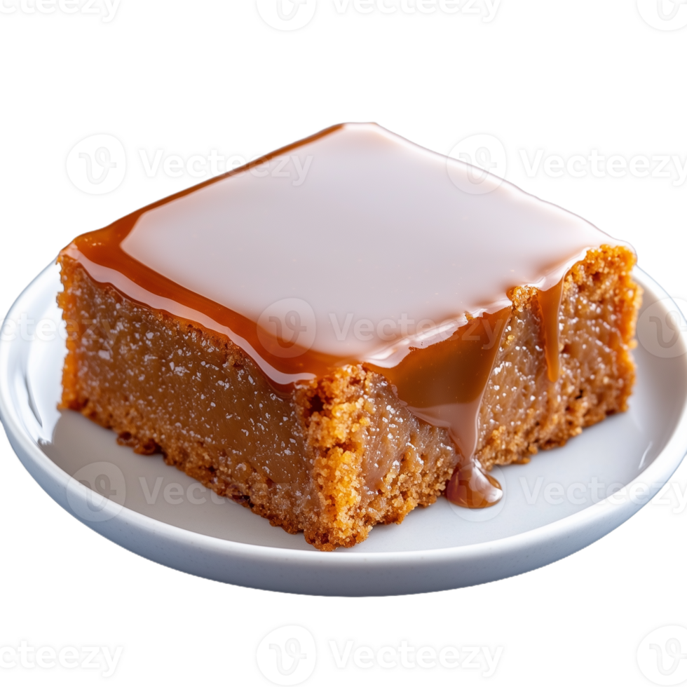 Gooey caramel dessert slice on a round plate with transparent background png