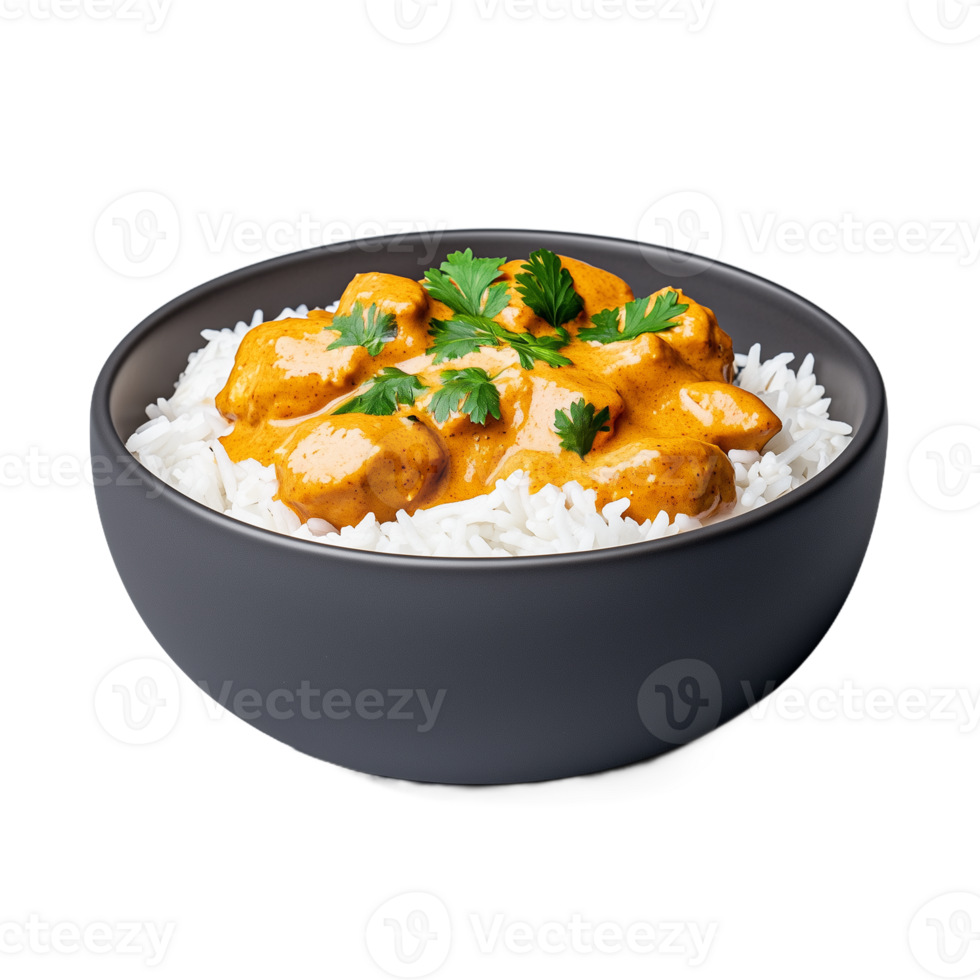 Delicious butter chicken curry served in a bowl with rice png