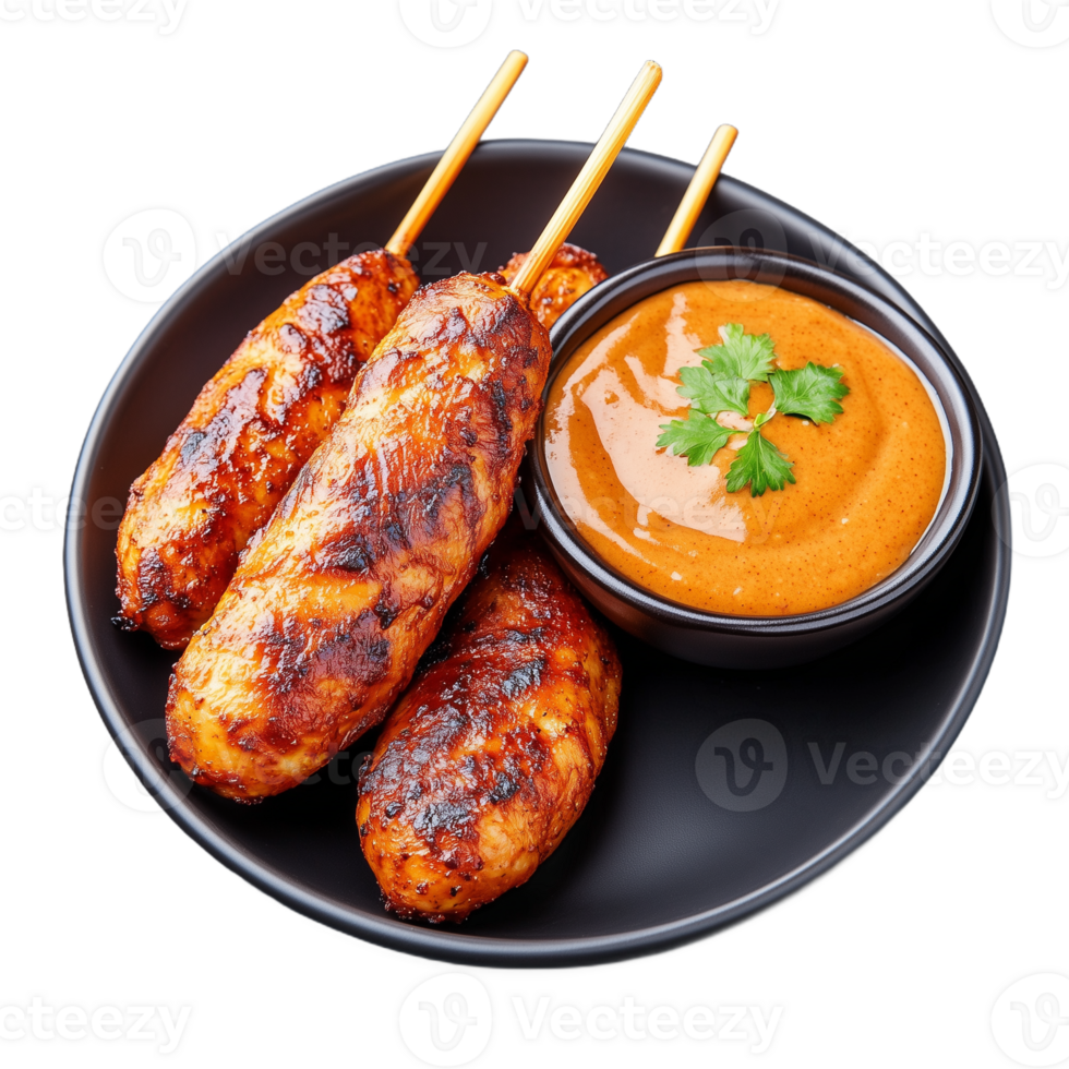 Delicious grilled chicken skewers with spicy sauce on a plate png
