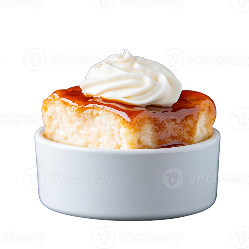 Delicious slice of creamy caramel cake with whipped topping png