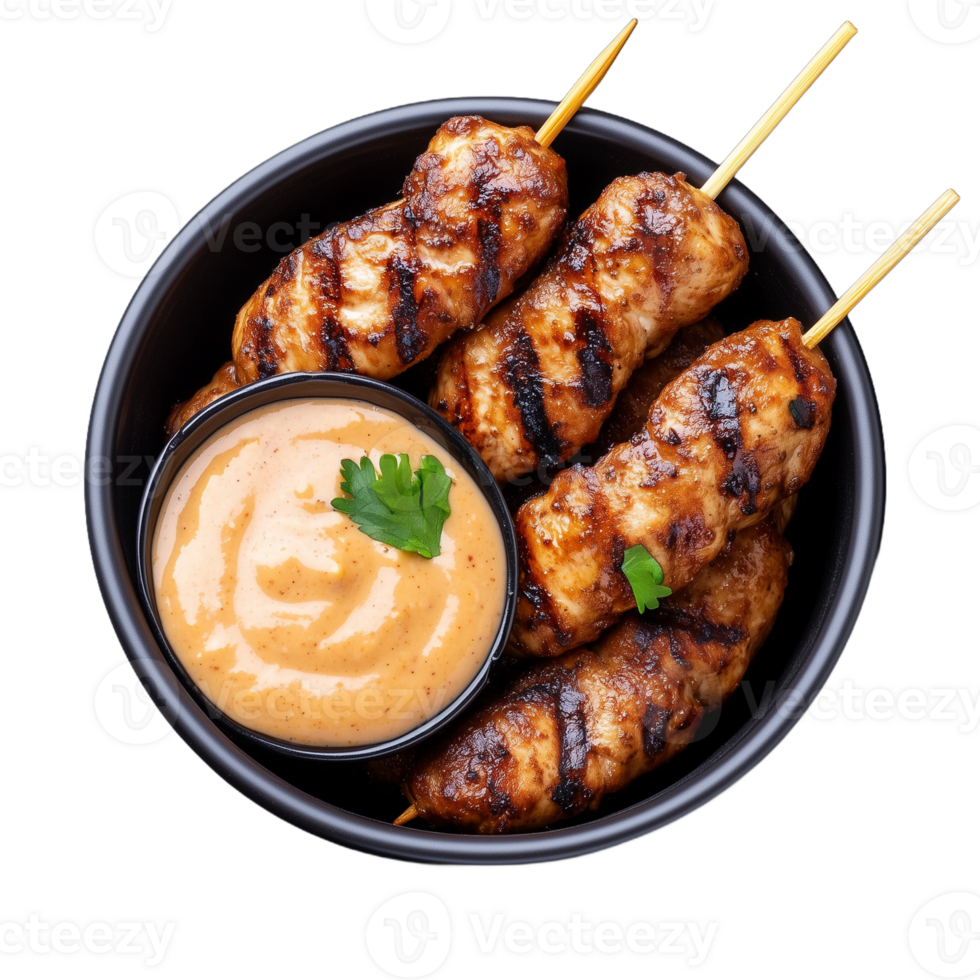 Delicious grilled chicken skewers with spicy sauce in a bowl png