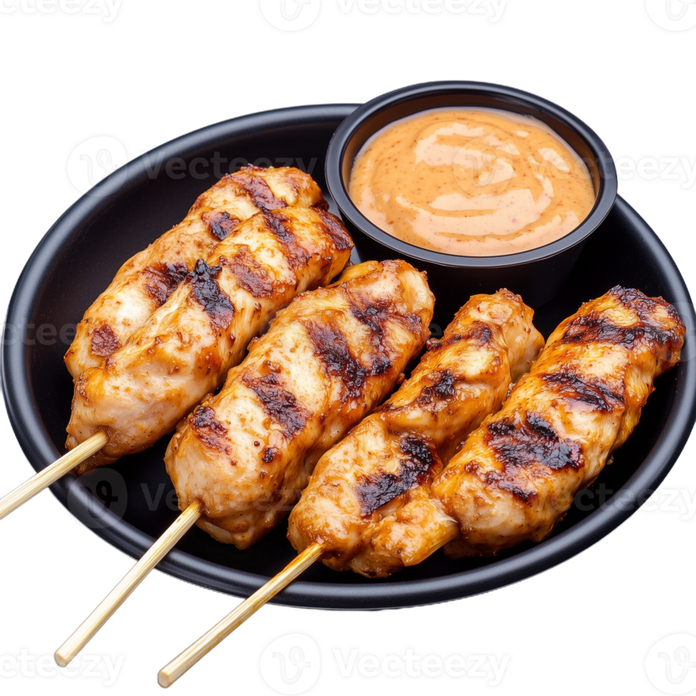 Grilled chicken skewers with spicy dipping sauce on black plate png