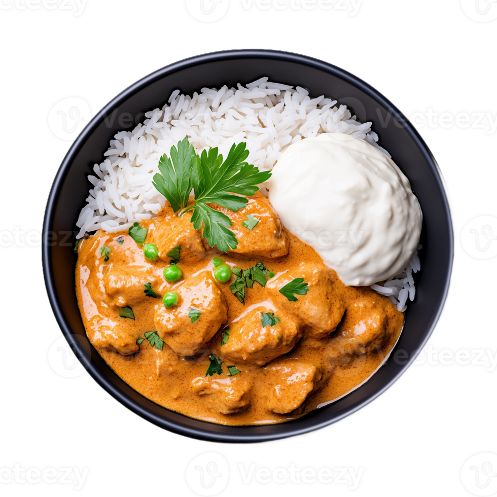 Delicious chicken tikka masala with rice and yogurt on transparent background png