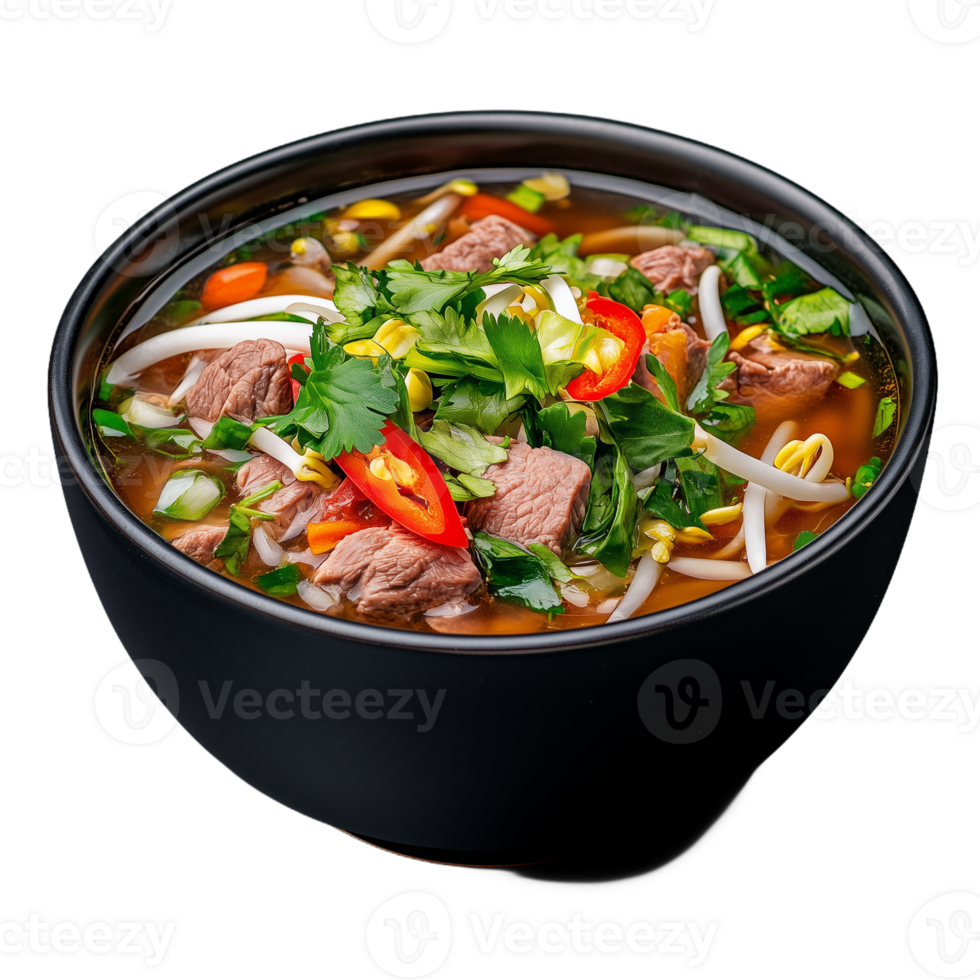 Delicious bowl of beef pho soup with fresh herbs and vegetables png