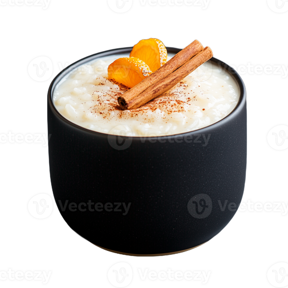 Delicious rice pudding with cinnamon and orange garnish in black cup png