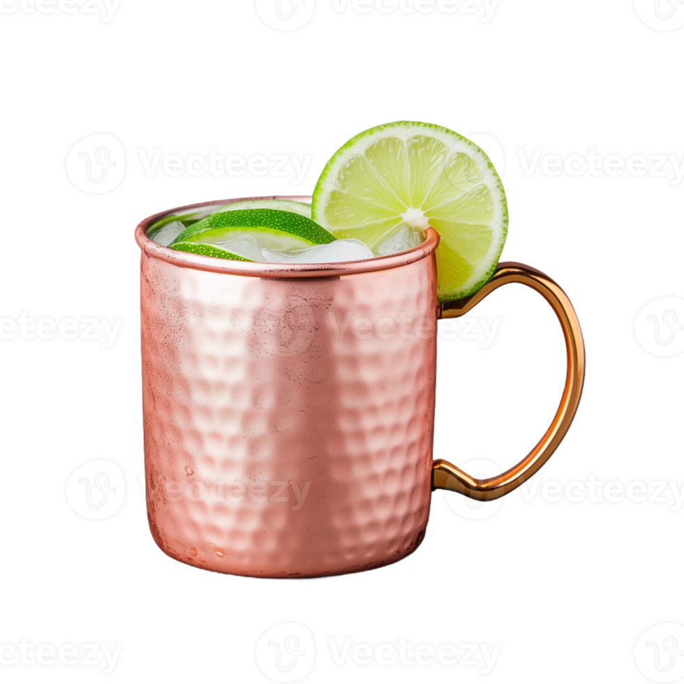 Refreshing cocktail in copper mug with lime and ice on transparent background png