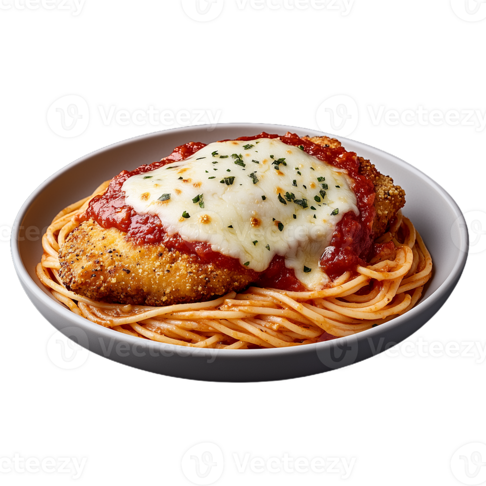 Delicious chicken parmesan with spaghetti on a transparent background png