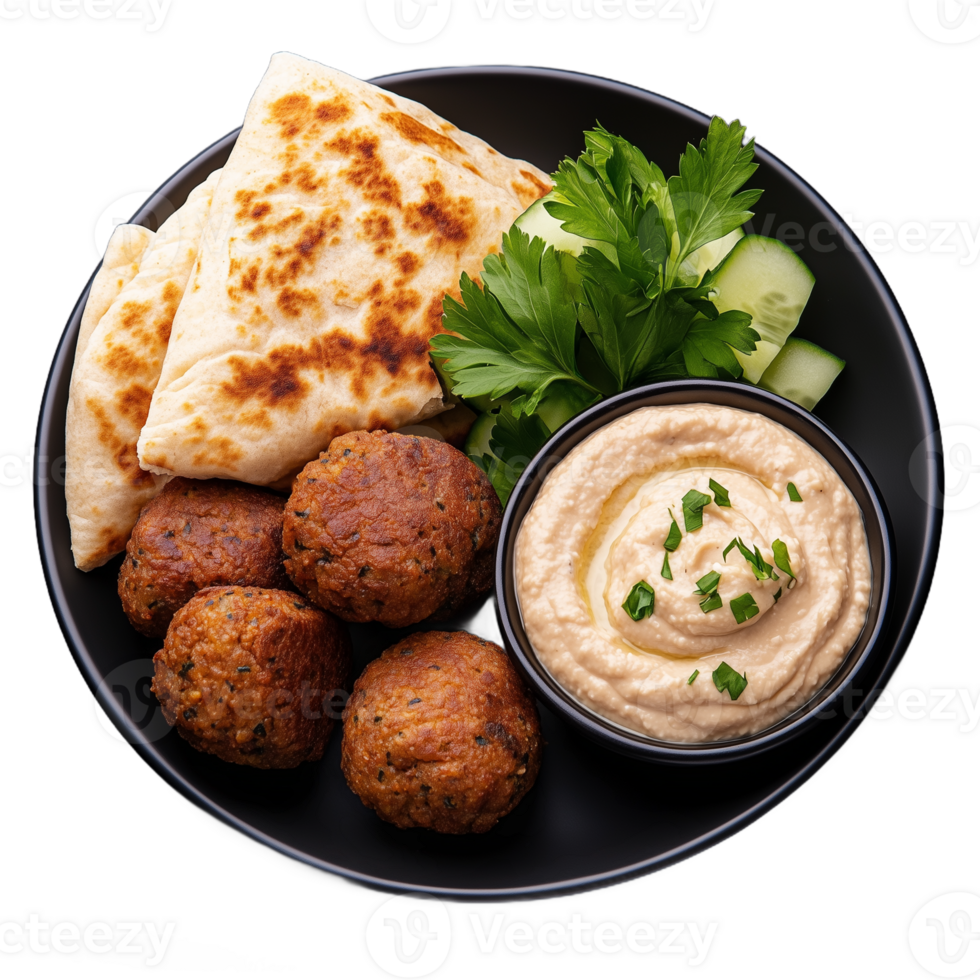 Delicious Mediterranean platter with falafel hummus and flatbread on plate png