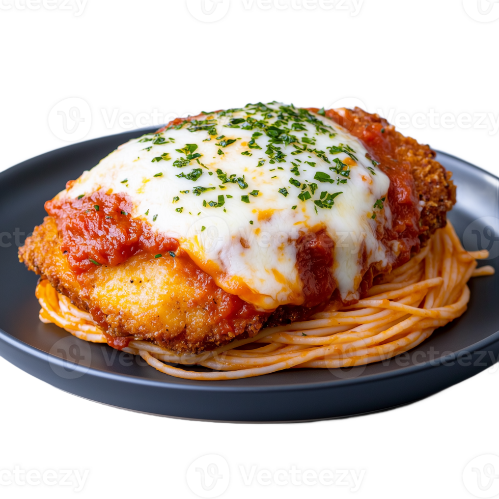 Delicious chicken parmesan with pasta on a modern plate png