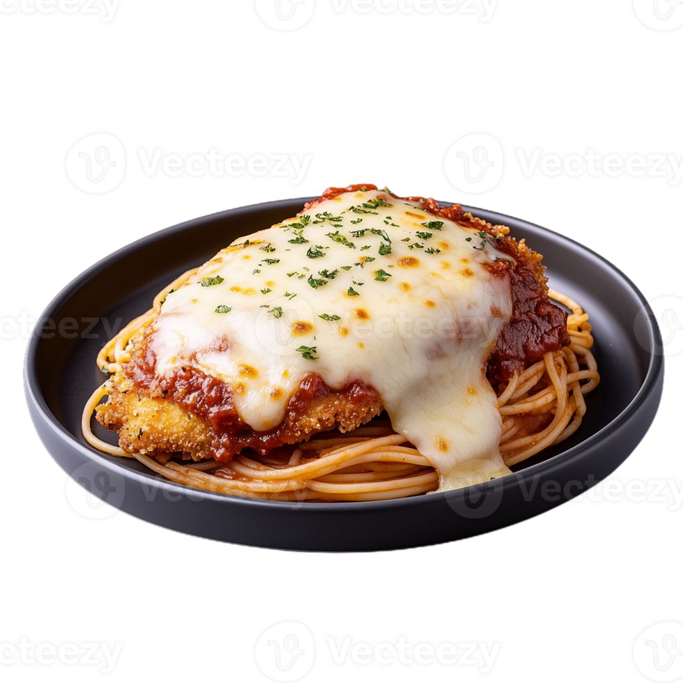 Delicious chicken parmesan with spaghetti on a black plate png