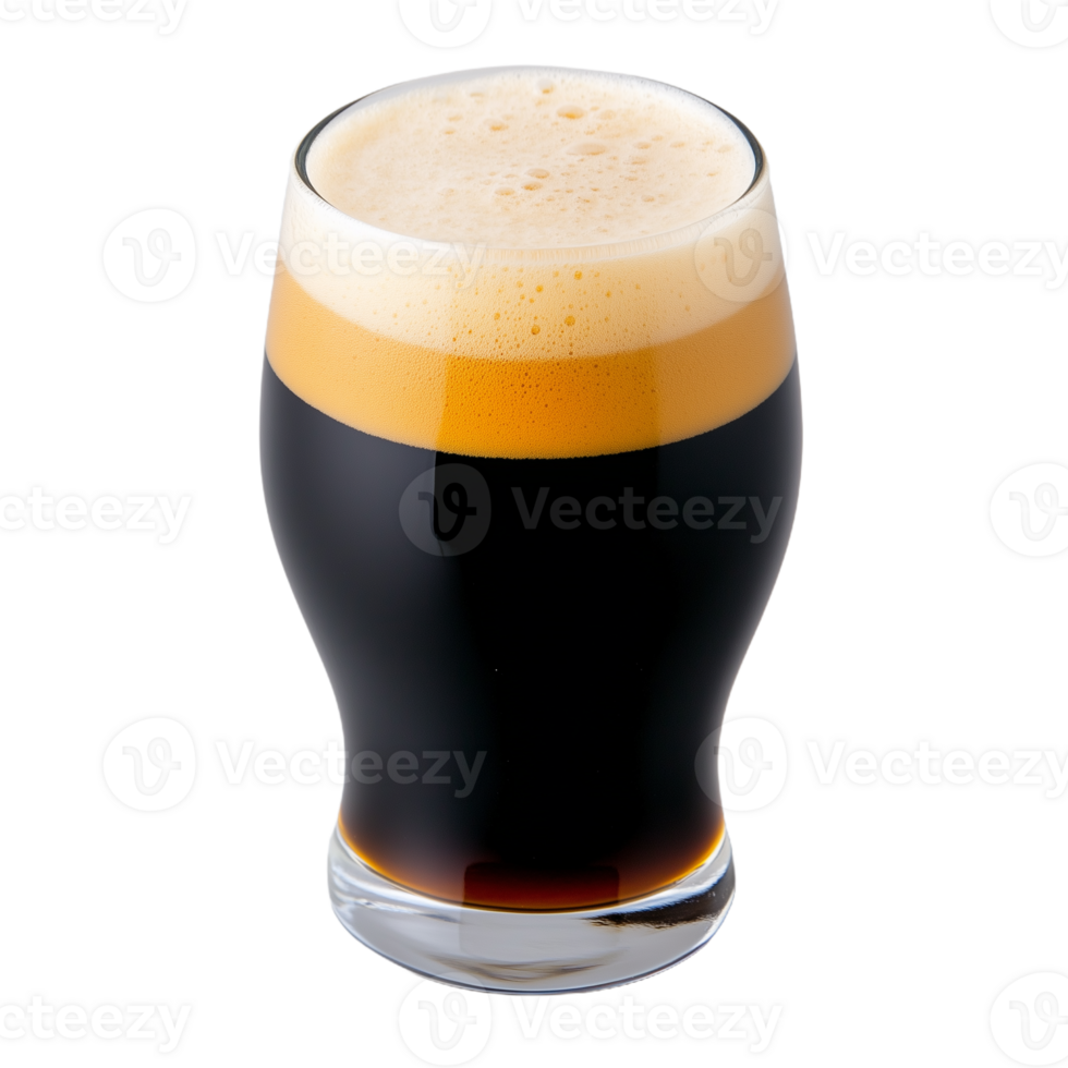 Glass of dark stout beer with frothy head on transparent background png