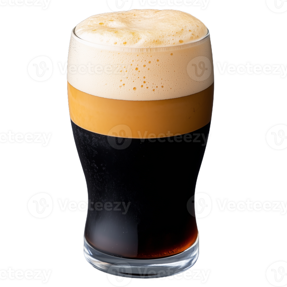 Refreshing pint of dark stout beer with frothy head png