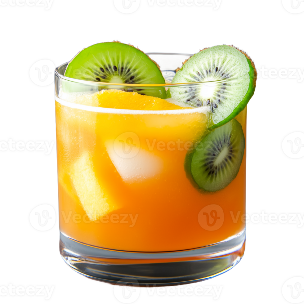 Refreshing orange beverage with ice and kiwi slices on a transparent background png