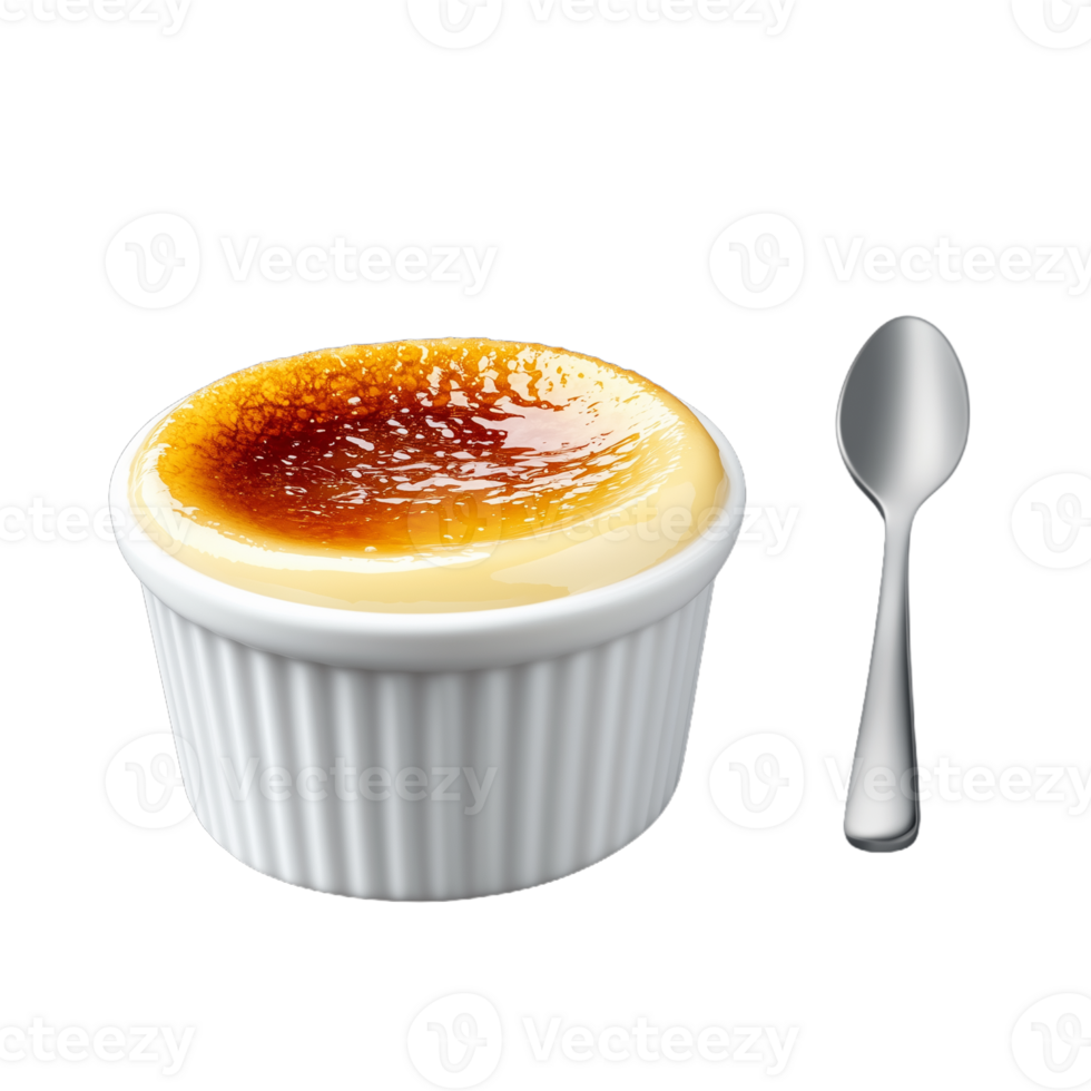 Delicious creme brulee dessert with caramelized top and spoon png