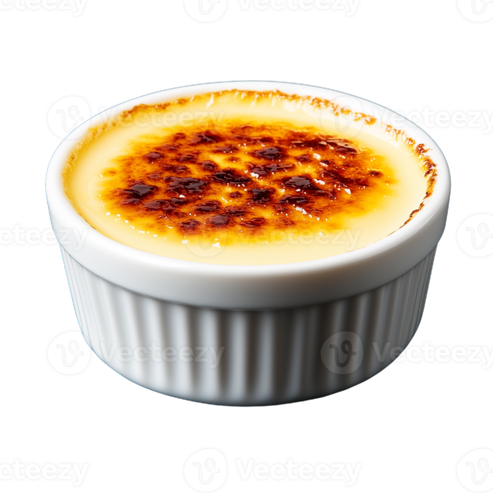 Delicious creme brulee dessert with caramelized sugar topping in ramekin png