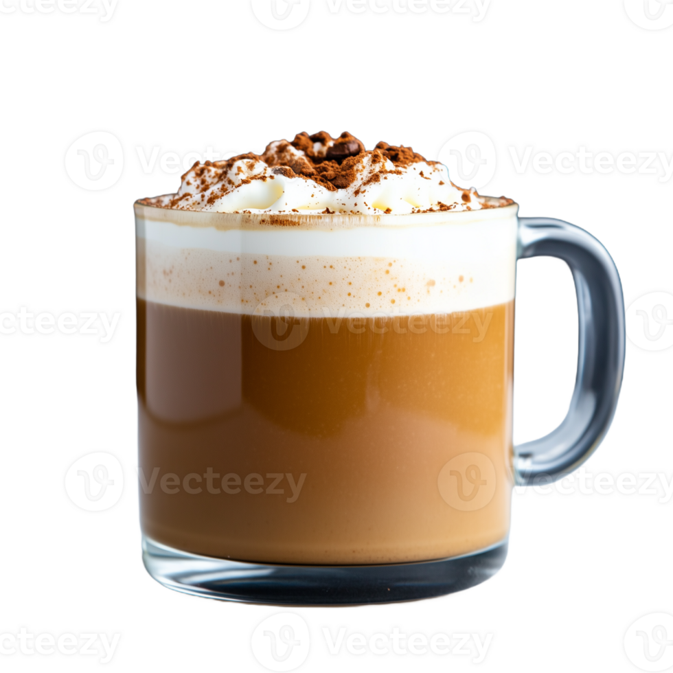 Delicious cappuccino topped with whipped cream and cocoa on transparent background png